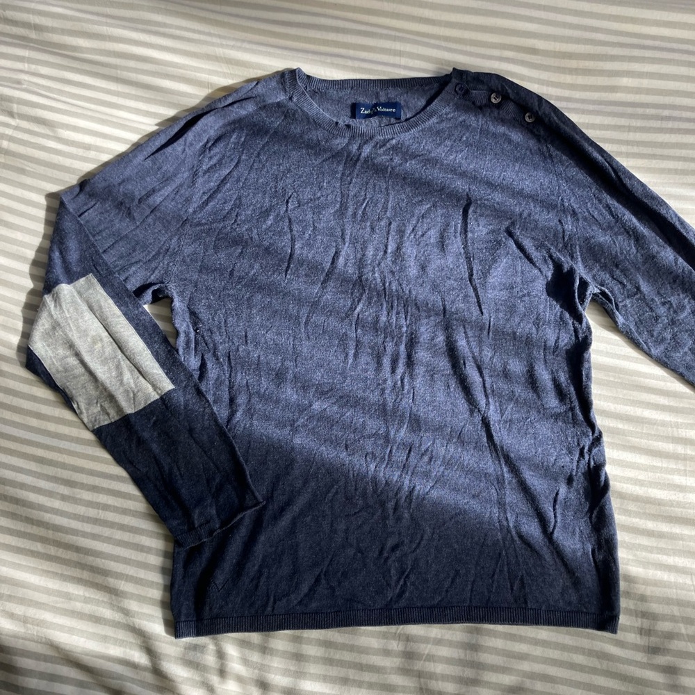 Zadig & Voltaire Navy Long Sleeve Sweater with Gray Elbow Patches